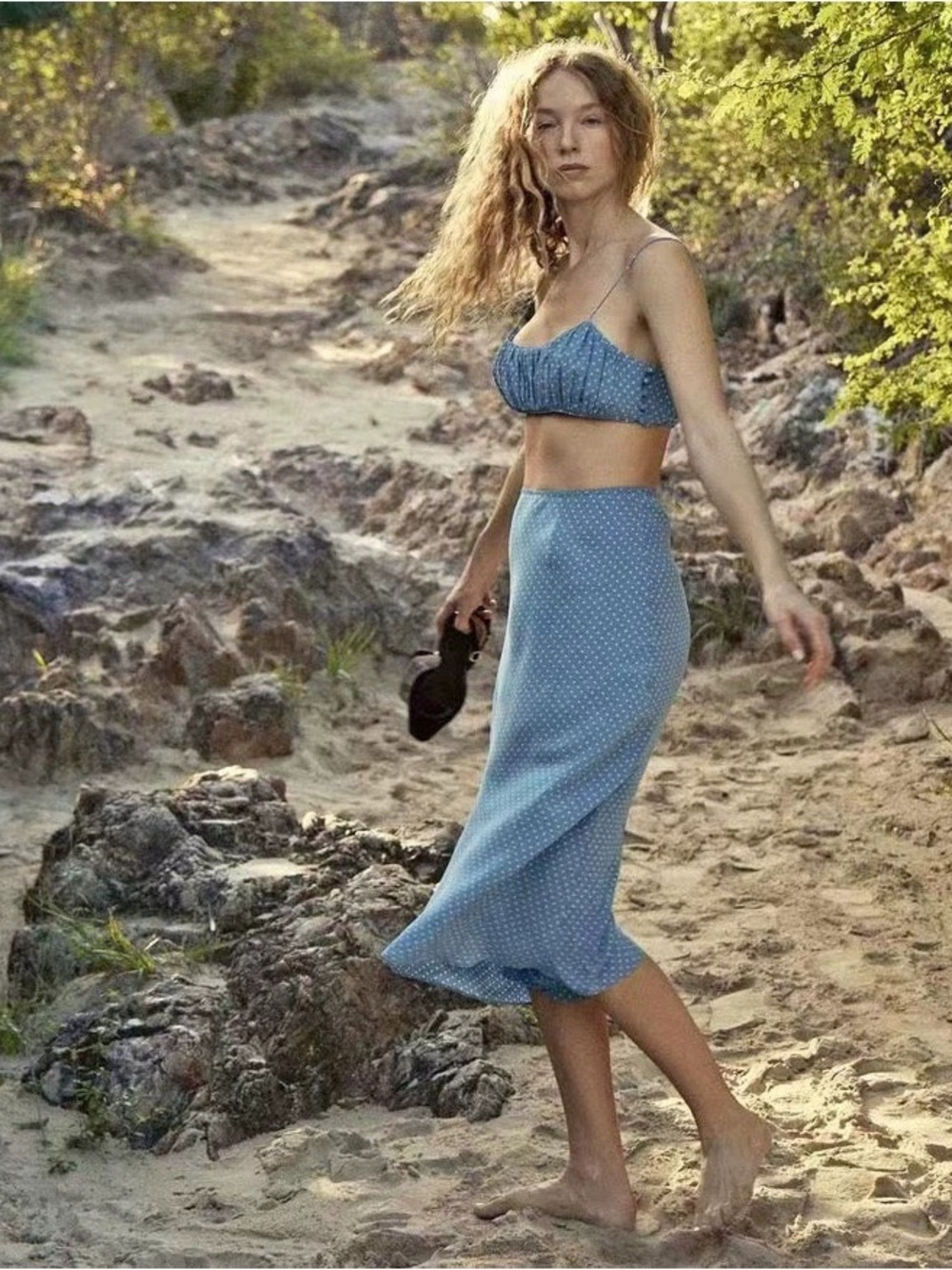 NWT Doen Blue Polka Dot Silk Skirt top Set Size S - Picture 2 of 11